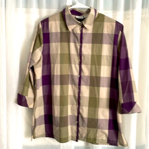 Kim rogers women button down Khaki/Purple/Beige plaid shirt size 12 - Picture 1 of 10
